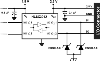 Figure 6. A uni-directional avalanche TVS protection circuit clamps a negative and positive surge voltage to -0,7 V and + V<sub>BR</sub>, respectively, where V<sub>BR</sub> is equal to the diode’s breakdown voltage